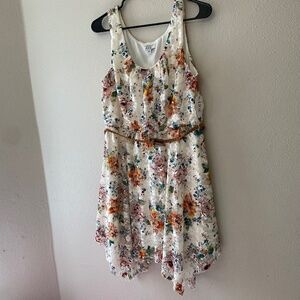 White Floral Sleeveless Belted Handkerchief Hem Dress XL NWT